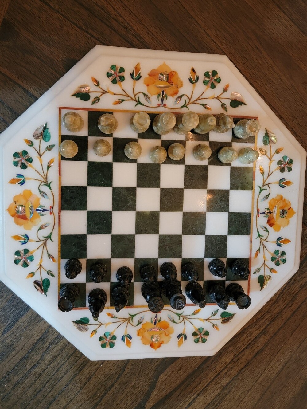 Hand Carved Marble Chess Set with Precious Stones From India